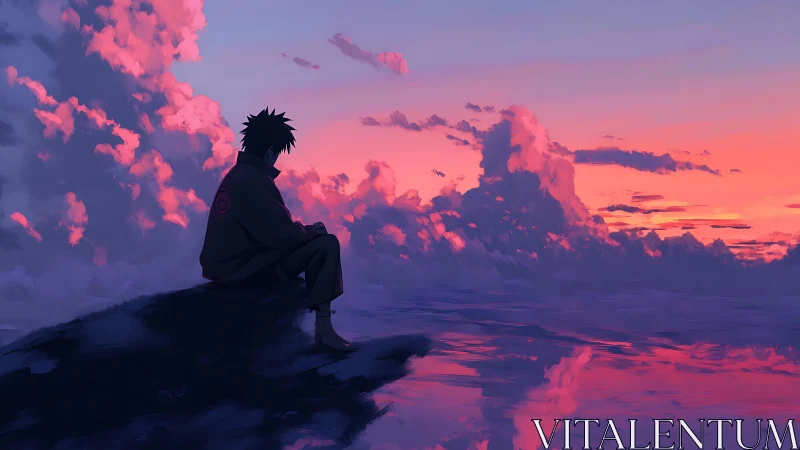 Lone silhouette studies vibrant magenta sunset clouds in silence