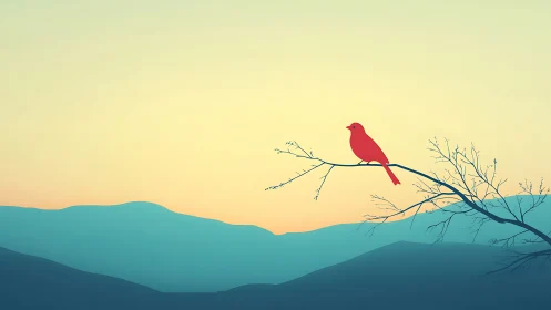 Minimalist red bird on branch at sunrise with serene blue hills.