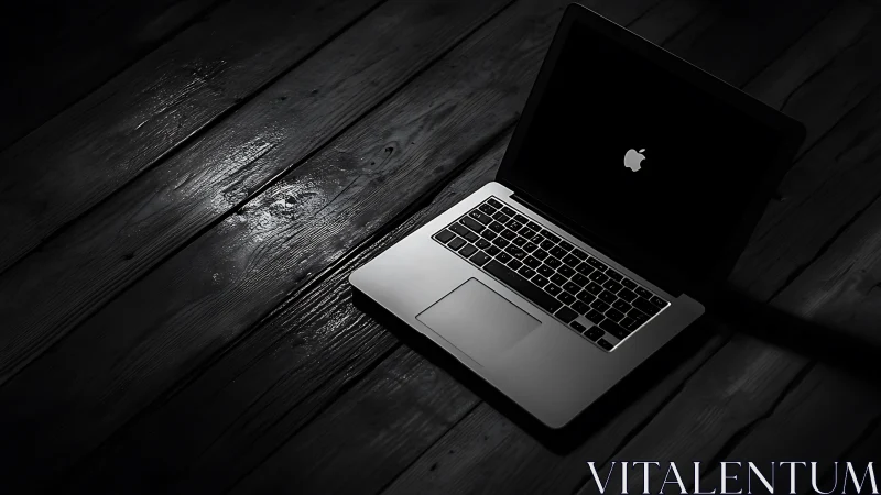 Sleek laptop on dark wooden boards in dramatic spotlight.