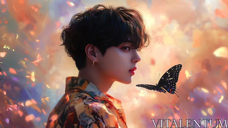 Young person in profile watching butterfly in abstract light