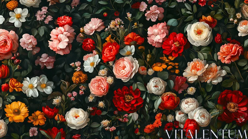 Floral arrangement with multiple bloom varieties arranged densely on dark background.