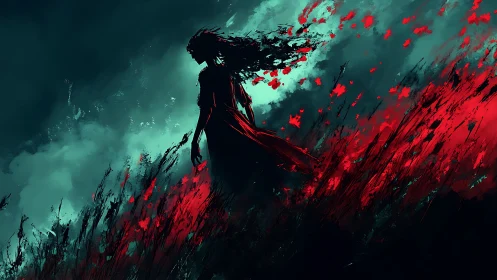 Silhouetted figure in turbulent red field under stormlit sky.