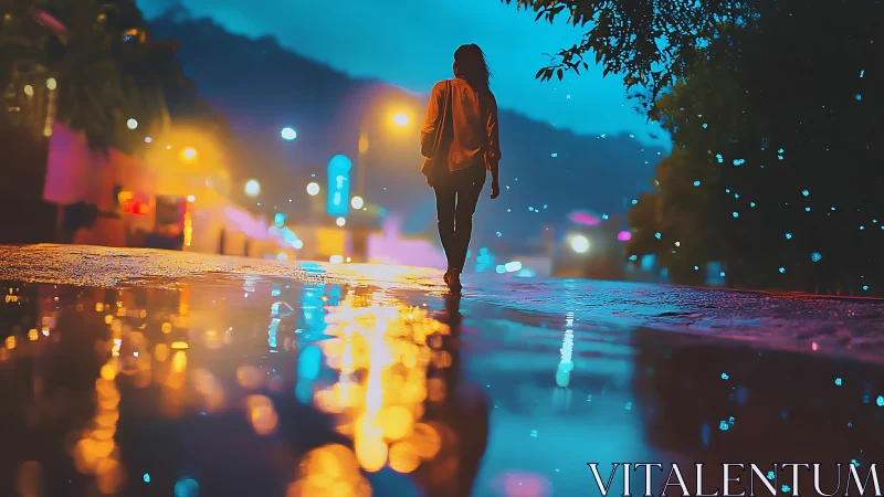 Silhouette walks along neon lit rainy street at blue hour