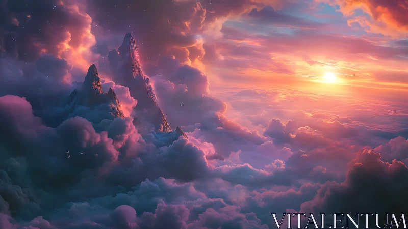 Mountain peaks rising through dense clouds at sunset.