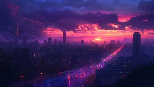 City skyline with neon-lit highway under vivid sunset sky
