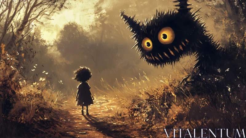 Child stands on forest path while large spiky creature watches