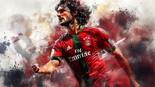 Dynamic digital painting of soccer player in red match kit