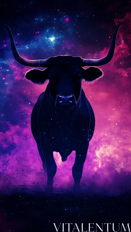 Silhouetted longhorn bull stands against neon cosmic nebula