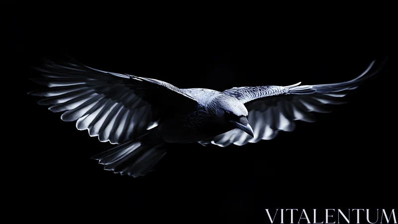Dramatic close-up of flying bird with spread wings in dark lighting.