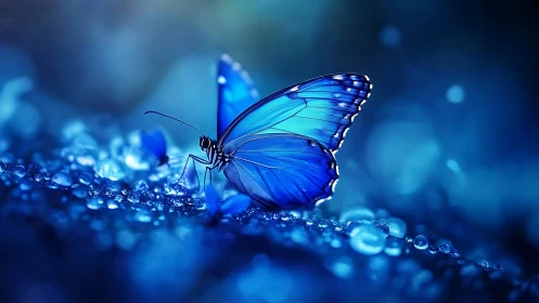 Blue butterfly on wet surface in low light environment.