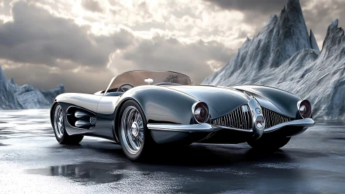 Sleek retro roadster gliding through a frozen dreamscape.