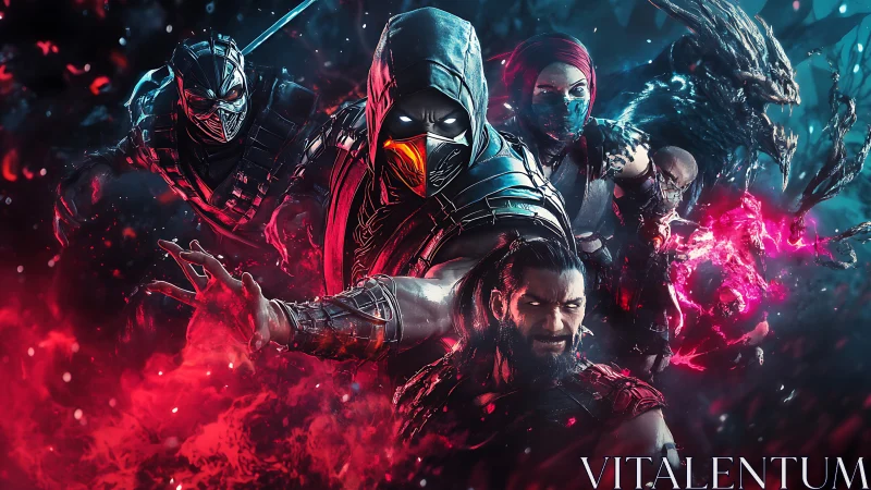 Hooded fighter leads masked warriors in neon red blue chaos