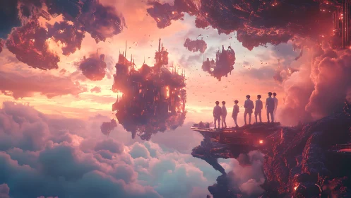 Skybound explorers gather beneath glowing floating cities