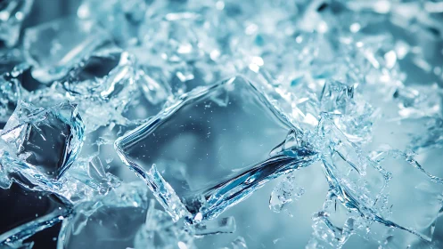 Close-up of Shattered Ice Cubes in Cool Blue Lighting, Abstract Style.
