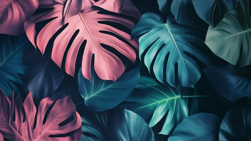 Color-drenched monstera leaves glow in deep tropical shadows.