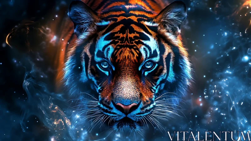 Bioluminescent cosmic tiger portrait with neon rim lighting