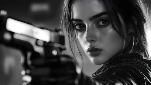 Photorealistic heroine aiming pistol in stark monochrome.