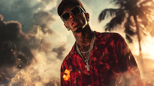 Cinematic portrait of tattooed man in flames and tropical haze