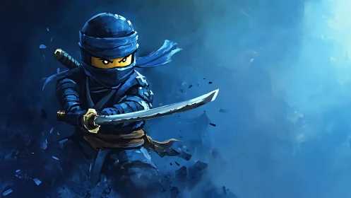 Blue masked toy ninja with sword in dynamic action pose.