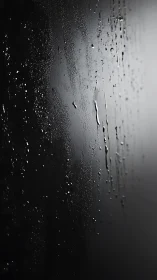 Water droplets streak down dark reflective surface in grayscale