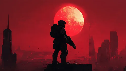 Armored moonwatcher guarding a blood-red future skyline.