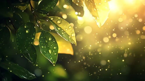 Morning light dancing on dew-kissed green garden leaves.