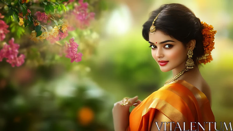 Elegant woman in traditional Indian saree with floral background.