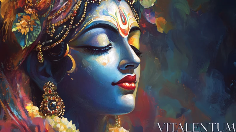 Profile view of blue-faced figure with ornate adornments.