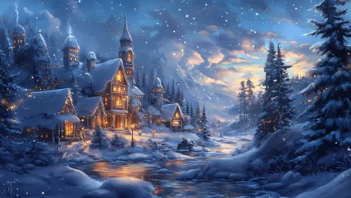 Snow-covered village with river under evening winter sky.