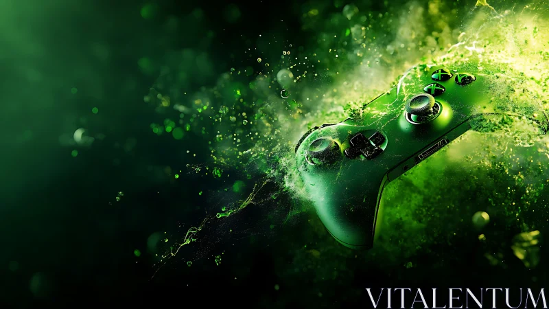 Green gaming controller in dynamic liquid splash motion.
