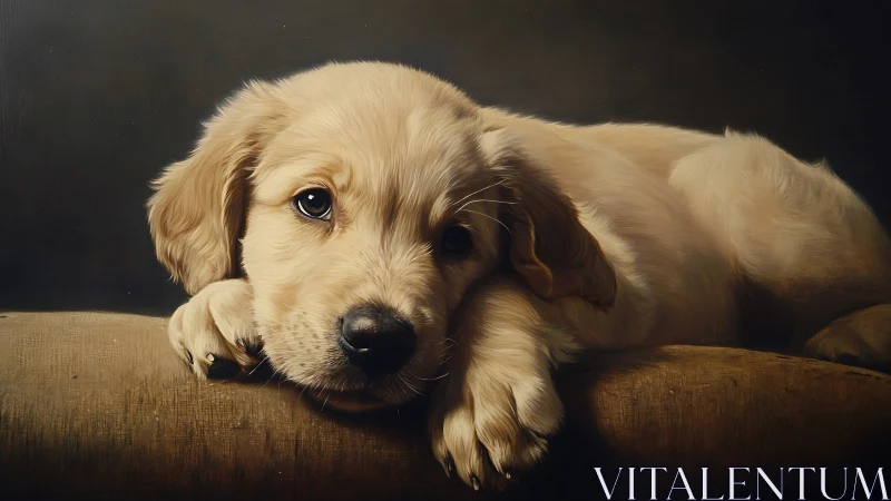 Golden puppy daydreams in candlelit hush of evening calm.