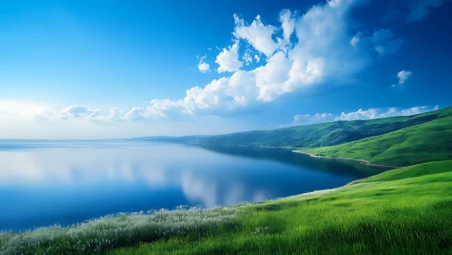 Peaceful blue lake embraced by rolling green hills at dawn.