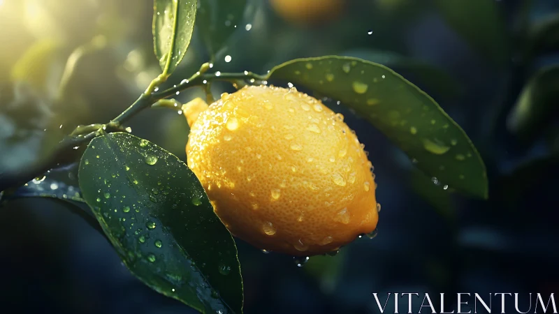 Ripe lemon with surface water droplets on green foliage.