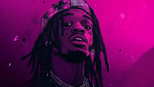 High-contrast magenta digital portrait with low-angle rap figure