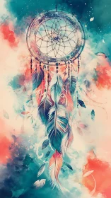 Dreamcatcher with feathers on teal and coral abstract field.