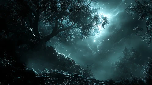 Moonlit enchanted forest glows under swirling starry mist.