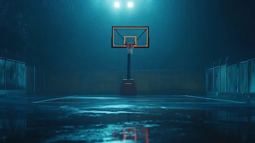 Solitary basketball hoop under neon rainlit night sky.
