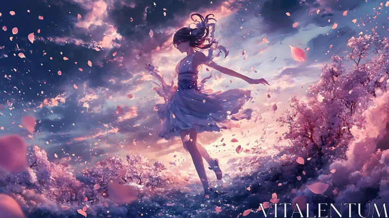 Sunlit anime girl dancing in swirling cherry blossoms.