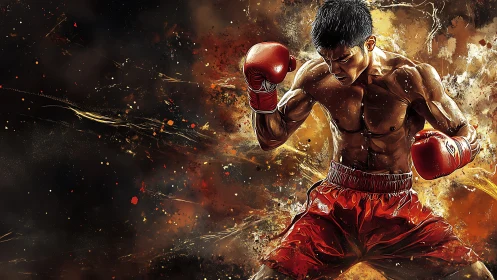 Dynamic Combat Boxer Rendered Through Explosive Particle Digital Painting.
