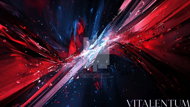 Colliding streaks of red and blue paint burst into glowing motion