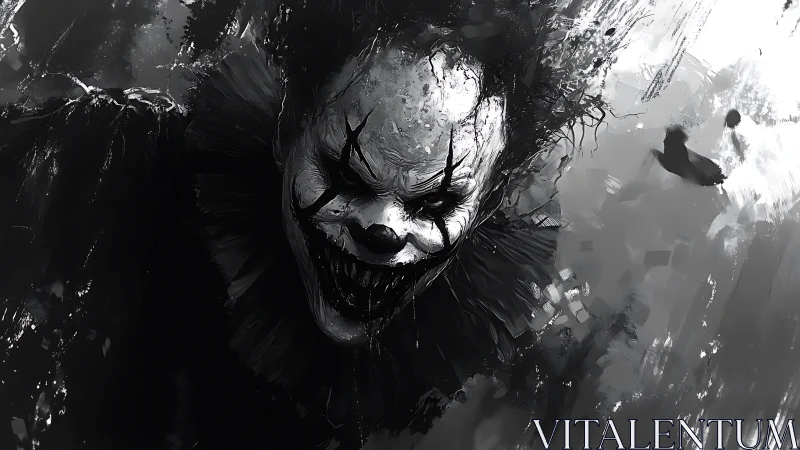 Grinning nightmare clown slips from shadow into your stare