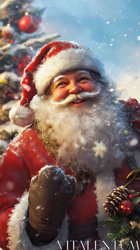Santa Claus in snowy outdoor Christmas scene portrait.