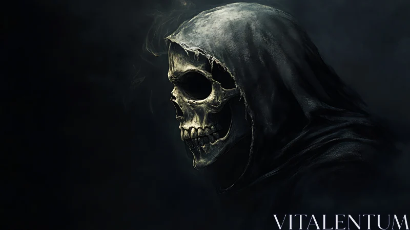 Side profile of hooded skeletal figure on dark background.
