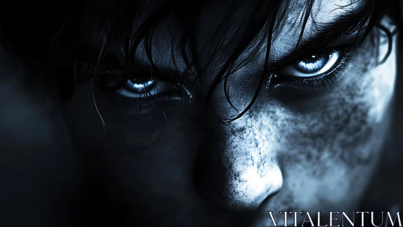 High-contrast close-up of intense blue eyes in monochrome portrait