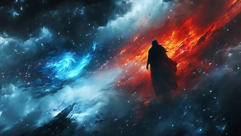 Cloaked wanderer crossing a cosmic rift of fire and frost.