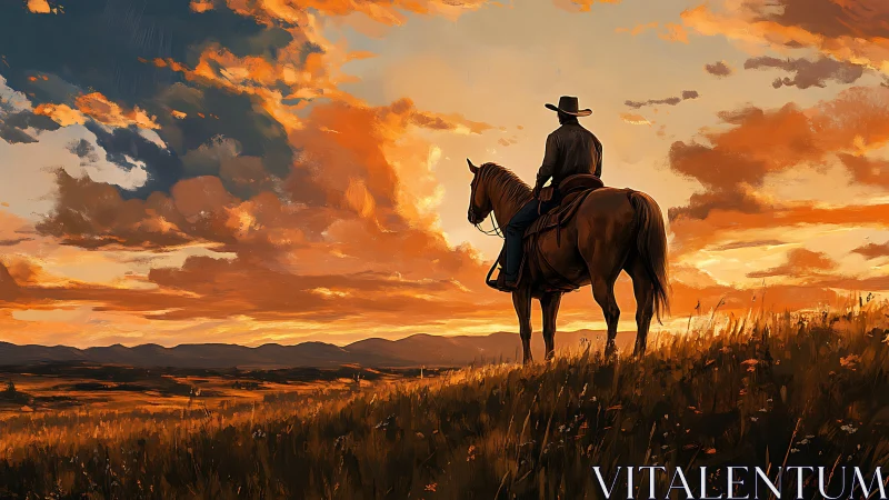 Lone cowboy on horseback surveys plains at blazing sunset.