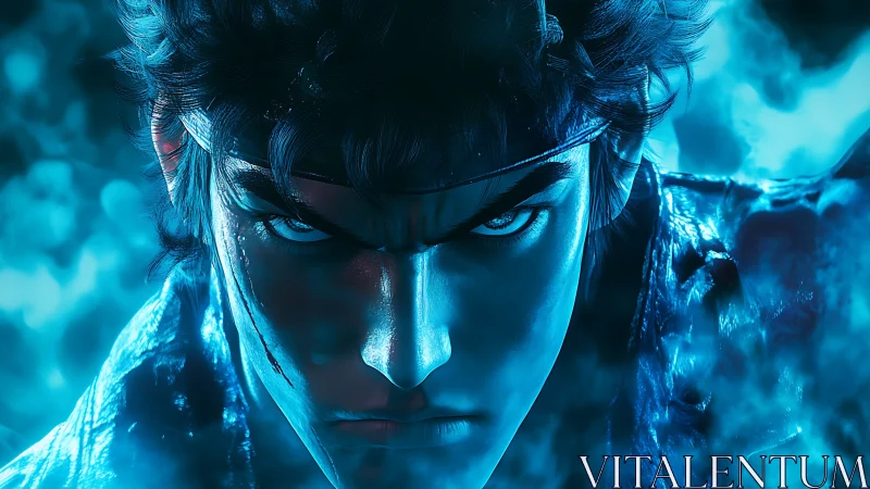 Blue-lit warrior glare dominates intense close portrait.