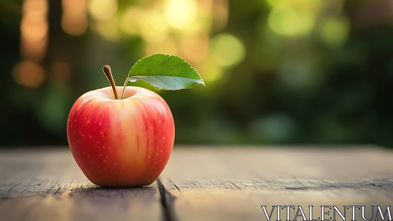 Sunlit garden apple resting on a rustic wooden table.