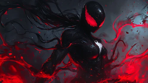 Symbiotic humanoid figure stands amid red flowing energy