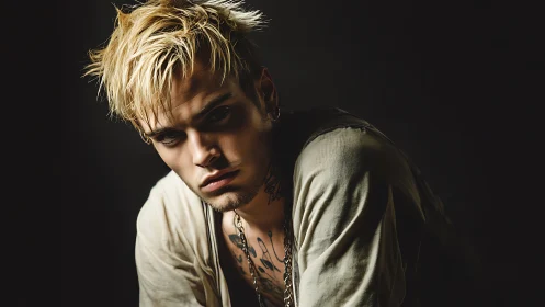 Moody blond punk portrait leans into dramatic shadowed light.
